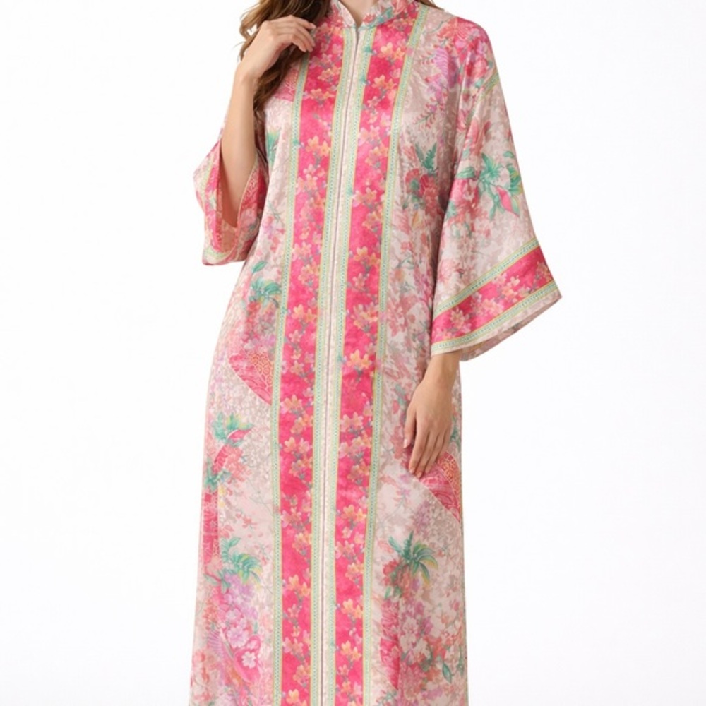 Ruth Norman vintage pink cherry blossom bird kimono robe